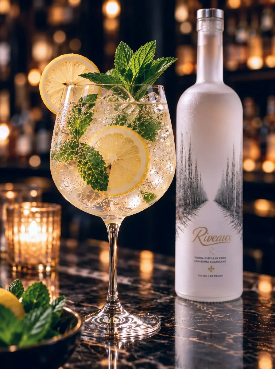 Riveaux Vodka served beside a fresh citrus and mint cocktail